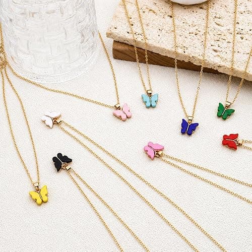 Rrdaily 9 Pcs Dainty Colorful Butterfly Pendant Necklace Set for Women,Bohemian Acrylic Butterfly Chain Necklace Cute Jewelry Gift thumbnail 7