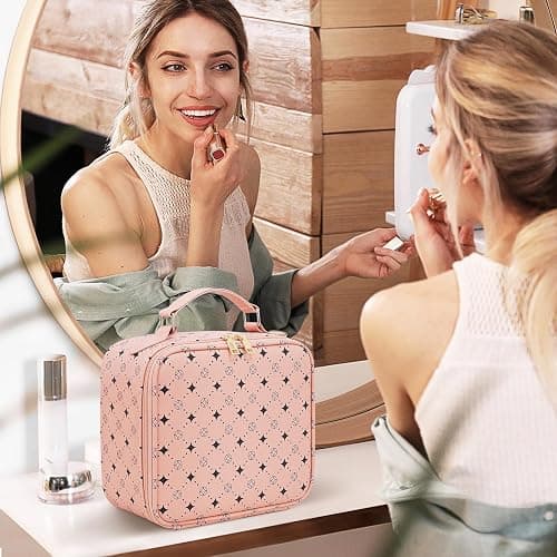 Travel Makeup Bag With 360° rotating LED Mirror,Waterproof cosmetic organizer,Portability Cosmetic case,Makeup organizer,Gift for Women,Girls Gift (Pink) thumbnail 9