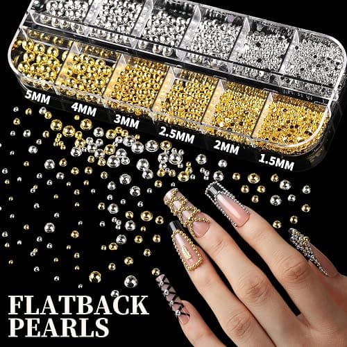 FANDAMEI Gold Nail Gems, 3D Star Nail Charms, Flatback Pearls White Beige, Half Round Silver and Gold Nail Charms, Mixed Sizes Pearls for Nails, Metal Nail Beads, 3D Metallic Nails Art Studs thumbnail 3