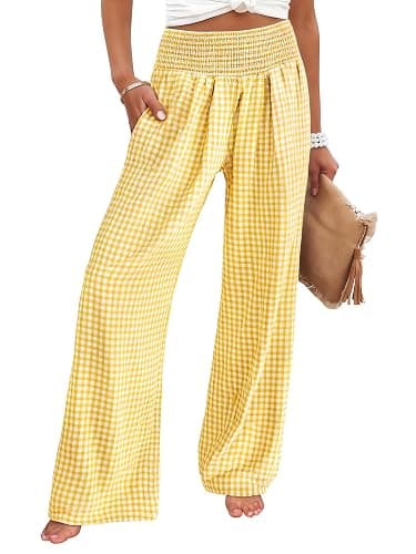 ANRABESS Womens Striped Gingham Palazzo Pants | Wide Leg Smocked High Waisted Pajama Pants, Lounge & Casual, Summer Fall Cute Pants with Pockets - Image 1