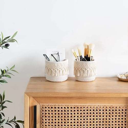 Mkono Macrame Makeup Brush Holder Organizer Comb Brushes Mini Storage Basket Set of 2 Boho Decor Baskets for Pen Pencil Box Container ,Ivory thumbnail 4