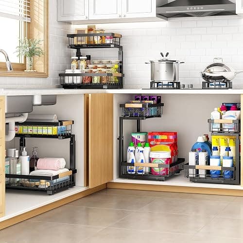 PXRACK Under Sink Organizer, Adjustable Height, 2 Tier Pull Out Under Cabinet Organizer, Slide Out Thickened Metal Under Sink Storage for Kitchen Bathroom Laundry Pantry Cabinet, Black, Large-2-Pack thumbnail 8