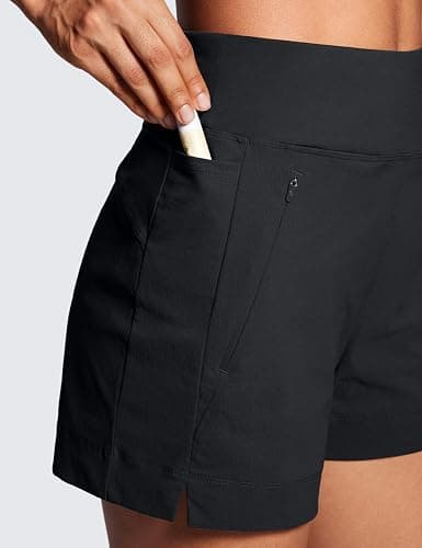 CRZ YOGA Women's Lightweight Mid Rise Hiking Shorts 4'' - Stretch for Athletic Summer Travel Outdoor Golf with Zip Pockets - Medium - Black thumbnail 5