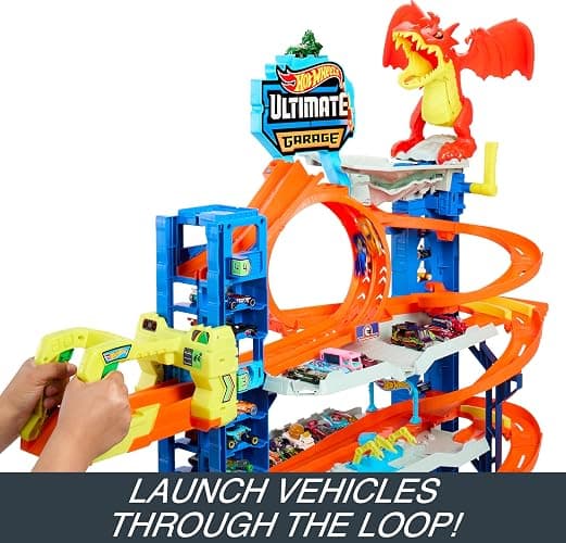 Hot Wheels City Ultimate Garage Track Set with 2 Die-Cast Toy Cars & Car-Eating Dragon, Stores 50+ Vehicles, 4 Levels thumbnail 5