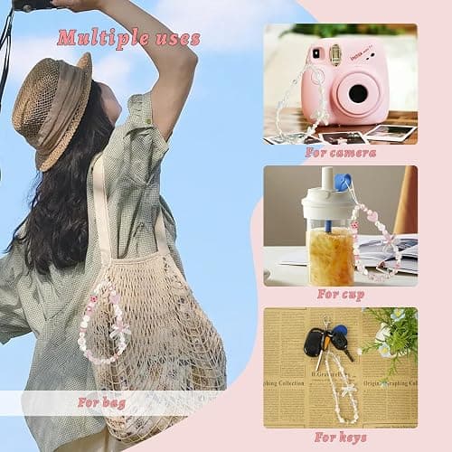 Xyulaan Pink Beaded Phone Wrist Straps, Y2K Phone Case Charms Camera Charm Strap, Lanyard Keychain Wristlet Aesthetic Cellphone Charm thumbnail 3