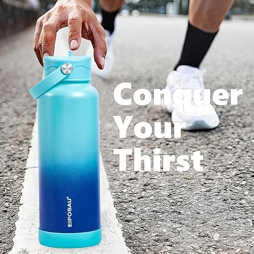 Insulated Water Bottle with Lid & Boot & Stickers, 40 oz Stainless Steel Sweat Free Bottle Keep Cold 24H, BPA-Free Sports Wide Mouth Water Bottle, CyanBlue thumbnail 9