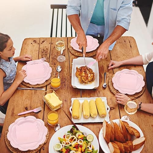 Houuqe 96 Pcs Pink Paper Plates and Napkins Set Party Supplies, Tableware set for 24 Guest include Disposable Pink Scalloped Plates, Napkins and Forks for Baby Shower Bridal Shower Wedding thumbnail 5