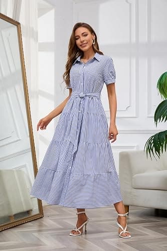utcoco Womens Casual Short Sleeve Button Down Tie Waist Ruffled Striped Maxi Shirt Dress thumbnail 6