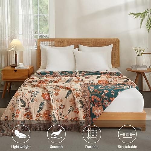 Bailix Boho Throw Blanket for Couch Sofa Bed, 100% Cotton Woven Quilt with Tassel 80”x90”, Super Soft Muslin Blanket with Floral Printed, Decorative Reversible Bed Blanket/Cover for All Seasons thumbnail 6
