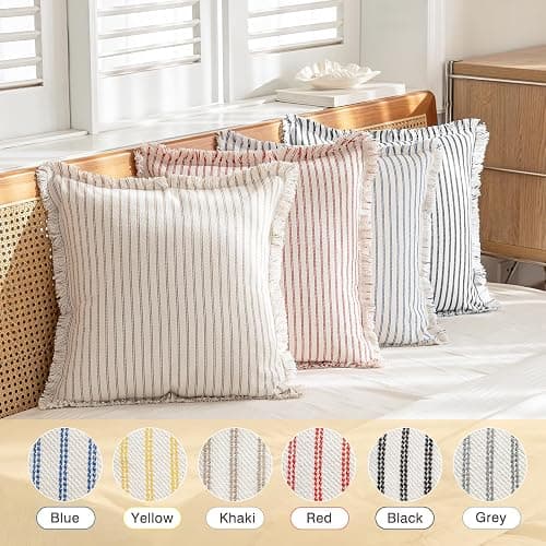 YEENAASY Throw Pillow Covers 18x18 Set of 2 Striped Fringe Pillow Cover Farmhouse Cushion Covers with Tassel Neutral Boho Pillows Decorative Square Pillowcase for Couch Sofa Bed, Blue thumbnail 5