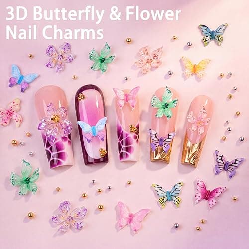 Rolybag 10000Pcs Nail Charms and Gems, Y2K 3D Charms Nail Rhinestones | Variety Bows Butterfly Flowers Moon Star Gold Pearls Metal Studs Nail Jewels with Wax Pen & Tweezers for DIY Nail Art Design thumbnail 2