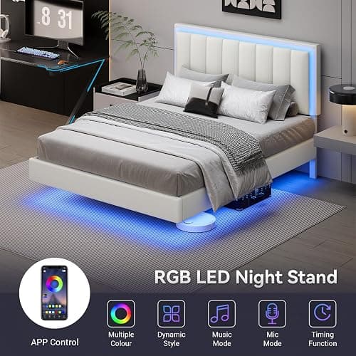 IMMERSTABLE Full Size Floating Bed Frame with LED Lights, Upholstered Platform Bed with Headboard, 11 in Storage Clearance, Solid Wood Slats, No Box Spring Needed, Easy Assembly, White thumbnail 3