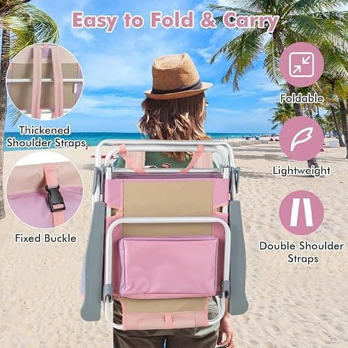 Giantex Folding Beach Chair, Patio Sling Chairs with 5 Adjustable Position, Head Pillow, Storage Bag, Towel Bar, Cup Holders, Backpack Chairs for Sunbathing, Camping Chair thumbnail 6