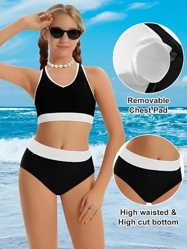 Girls Swimsuit Color-Block High Waist Sporty Sets Girls Two Piece Bathing Suit with Chest Pad Swimwear 7-16T thumbnail 6