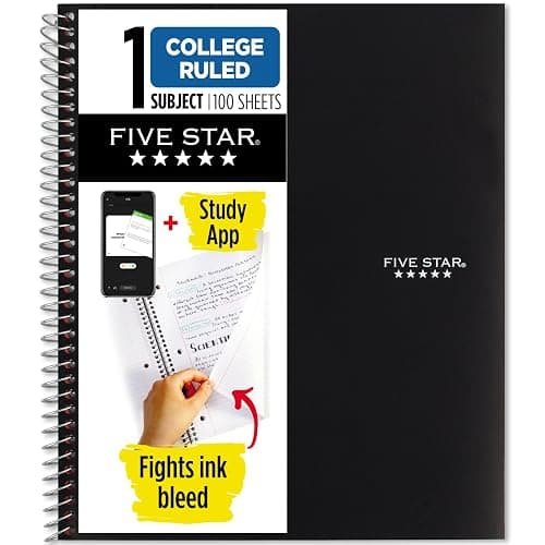 Five Star Spiral Notebook Plus Study App, 1 Subject, College Ruled Paper, 100 Sheets, 8-1/2" x 11", School, Black (72057) - Image 1