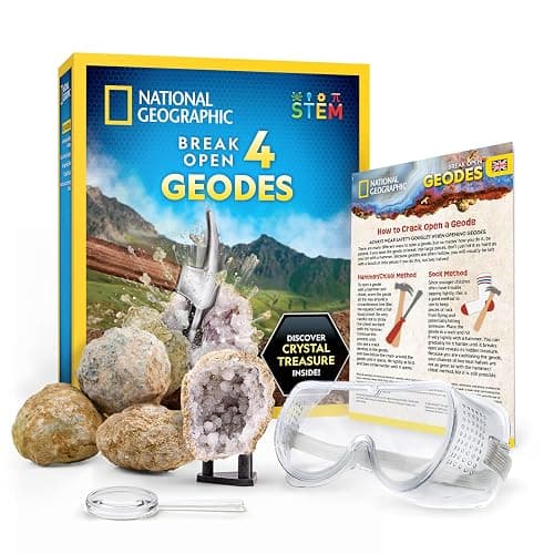 National Geographic Break Open 4 Geodes Science Kit – Includes Goggles & Display Stand - STEM Science Gift for Boys & Girls, Break Your Own Geodes - Image 1