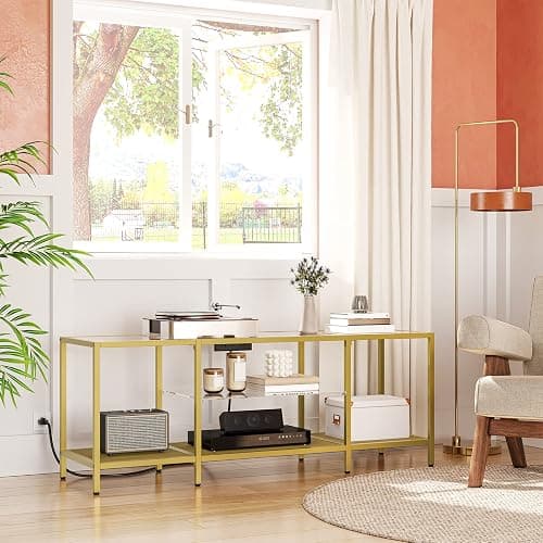 HOOBRO TV Stand with LED Lights and Power Outlets for TVs up to 65", Modern 55 Inch Tempered Glass TV Console Table with Open Shelves, Media Entertainment Center for Living Room, Gold GD145UDS01 thumbnail 8