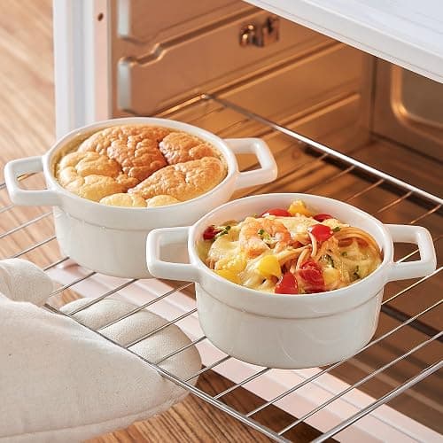 Lareina Mini Cocotte 12oz Ceramic Casserole Dish Set with Lid, White | Small casserole ramekins with handles, oven, microwave & dishwasher safe. Perfect for baking, serving, and individual meals. thumbnail 7
