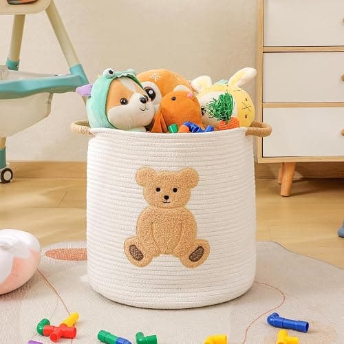 Large Blanket Baskets for Living Room, Teddy Bear Baskets Toy Storage Basket, 14" x 14" Woven Cotton Rope Basket for Kids, Toys Organizer Clothes Hamper with Embroidery, Teddy Bear Nursery Decor thumbnail 8
