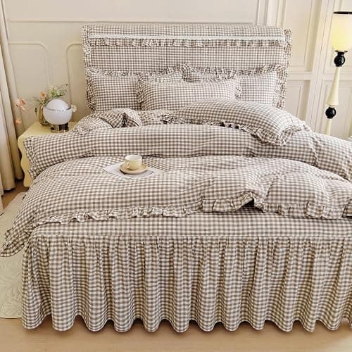 LifeTB Tan Gingham Comforter Set Full Vintage Ruffle Taupe Plaid Comforter Set 3 Pieces Soft Fluffy Grid Checkered Pattern Comforter with 2 Pillowcases Farmhouse Gingham Bedding Comforter Full thumbnail 6