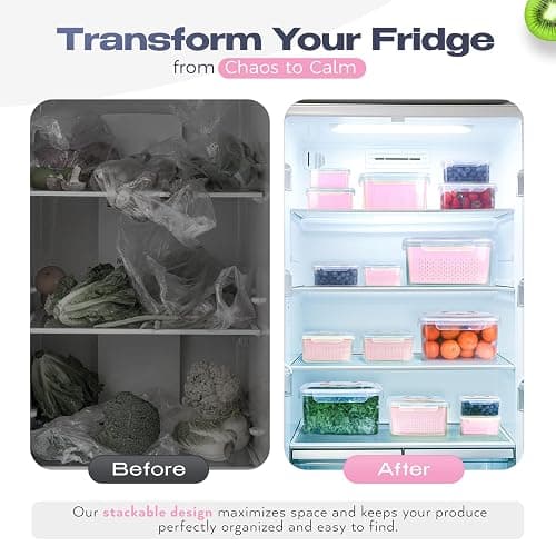 Built-Way Fruit Storage Containers for Fridge - Set of 4 - Airtight Lid Keeps Fresh - For Fruit & Vegetable Storage - Space-Saving Design - Ideal for Produce, Berries, Snacks - Pink thumbnail 5