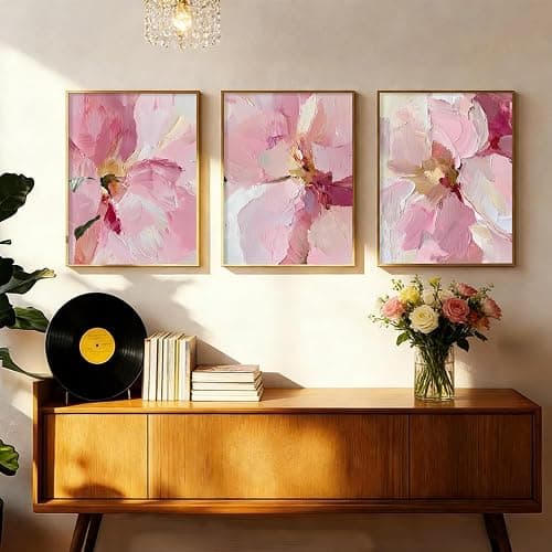 3Pcs Abstract Blush Pink Flower Canvas Wall Art, Textured Thick Paint Modern Floral Bloom Oil Painting Poster Print, Wall Decor Artwork for Bedroom Living Room Dining Room Home Decoration【Unframed】 thumbnail 7