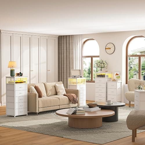 EnHomee Tall Night Stand Set 2 with 5 Drawers, LED Nightstand with Ports & Outlets, White Dresser with Extra Side Bag & Storage Shelf & Hooks, Bedroom, Dorm, Closet thumbnail 7