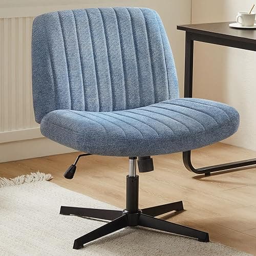 DUMOS Criss Cross Chair, Cross Legged Vanity Chair No Wheels, Home Office | Comfy Fabric, Height Adjustable, Armless Wide Seat, Swivel, Computer Desk Task, Bedroom, Study, Blue - Image 1