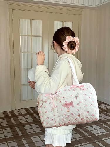Coquette Bag with Bow Pearl Charm Floral Quilted Duffle Bag for Women Girls Small Puffer Shoulder Purse Cute Bunny Handbag for Travel, Work, School thumbnail 3