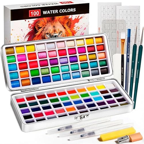 Watercolor Paint Set 100 Colors botkc Travel Water Colors kit with 7 Brushes 8 Watercolor papers Palette set Including Metallic and Accessories Art Supplies Gifts for Kids Artists Teens Adults and Hobbyists - Image 1