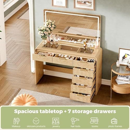 GRUTEUNIT 47“Makeup Vanity Desk with 44.8" Mirror and Lights, Vanity Desk with 7 Drawers, Makeup Vanity Table with a Glass Tabletop, 3 Color Modes & Adjustable Brightness Dressing Table, Bedroom,Oak thumbnail 3