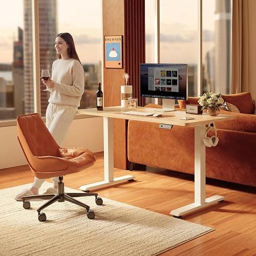 FEZIBO Standing Desk, 48 × 24 Inches Electric Height Adjustable, Sit and Stand Up, Computer Office Desk with Splice Board, White Frame/Maple TOP thumbnail 2