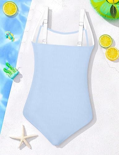 TyeSmo Girls Swimsuit One Piece Swimsuits Ribbed Bathing Suit for Girls Color Block Ruched Adjustable Strap Pad Swimwear thumbnail 8