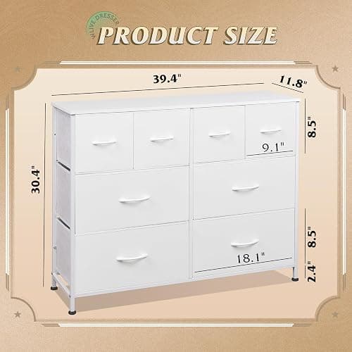 WLIVE Wide Dresser for Bedroom, 8 Drawer Chest of Drawers, White | 8 roomy fabric drawers, Wide storage design, Bedroom or closet use, Sturdy steel frame, Smooth wood tabletop thumbnail 3