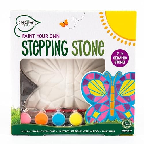 Creative Roots Mosaic Butterfly Stepping Stone Kit, Includes 7-Inch Ceramic Stepping Stone & 6 Vibrant Paints, Paint Your Own Stepping Stone, DIY Stepping Stone for Kids Ages 8+ White - Image 1