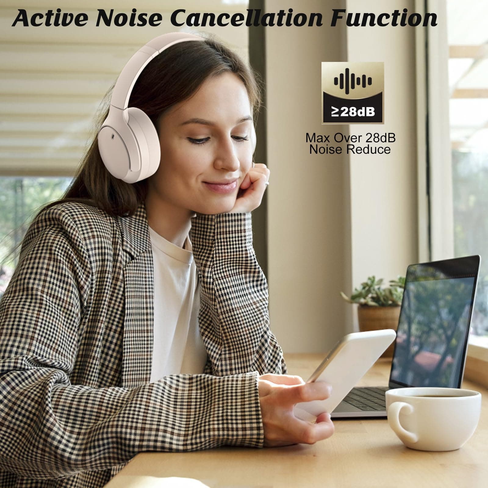 Active Noise Cancelling Headphones, Bluetooth 5.3 Version, Wireless Headsets, 55H Playtime, ANC Mode Over 28dB Noise Reduce, CVC 8.0 Mic, Hi-Fi Audio Sound, USB-C Charge, Protein Skin Over Ear Cups. thumbnail 3