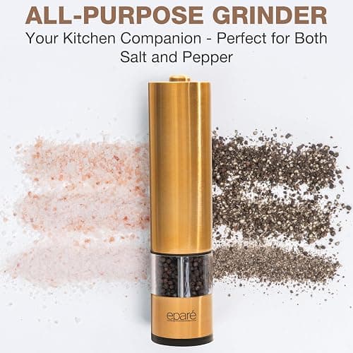 Eparé Brass Salt and Pepper Mill - Battery Operated Gold Pepper Grinder with Ceramic Burr - Automatic Steel Peppermills With LED Light - Gold or Brass Color thumbnail 4
