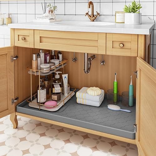 Jin&Bao Under Sink Mat 34" x 22" Waterproof Silicone Cabinet Kitchen Liner | Silicone kitchen cabinet protector, bathroom shelf liner, raised edge traps leaks, anti-slip, easy to clean & dishwasher safe thumbnail 6