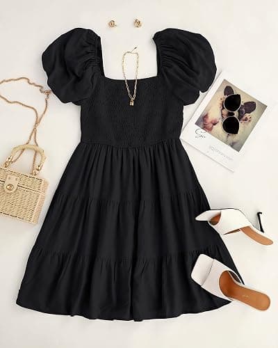 ZESICA Women's Boho 2025 Summer Square Neck Puff Sleeve Off Shoulder Smocked Tiered Casual A Line Short Mini Dress thumbnail 6