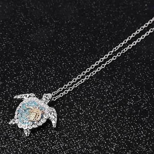 U-M Silver Created Blue Opal Sea Turtle Pendant Necklace, Birthstone Turtle Necklace Jewelry for Women (Blue) Attractive Processed thumbnail 2