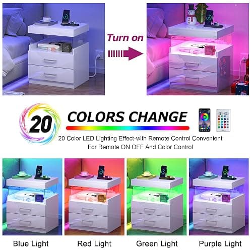 WelFurGeer High Glossy Night Stand, White LED Night Stand with Charger Station, Bedside Table with Drawers, Modern Nightstands, Wood Small Nightstand, Nightstands with Drawers for Bedroom thumbnail 4