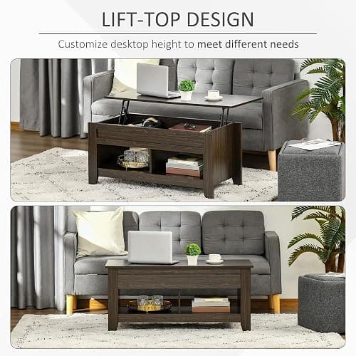 HOMCOM Lift Top Coffee Table with Hidden Storage Compartment and Open Shelves, Lift Tabletop Pop-Up Center Table for Living Room, Dark Walnut thumbnail 4
