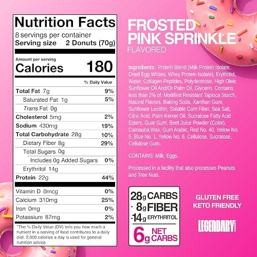 Legendary Foods Protein Donuts - 22g Protein, Pink Sprinkle, Zero Sugar Snack, Gluten Conscious, Low Carb, Keto Suitable, Diabetic and GLP-1 Diets - 8 Pack with Two Donuts per pack thumbnail 2