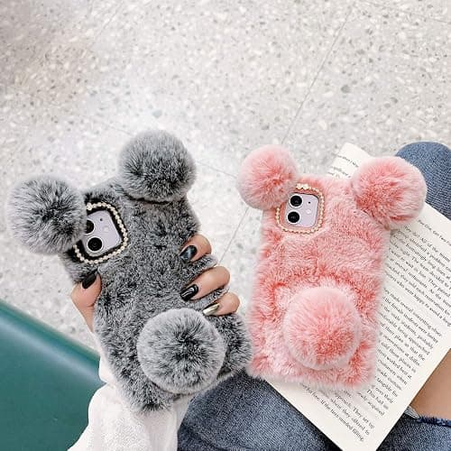 LUVI Compatible with iPhone 12 Plush Furry Case Fuzzy Fluffy Ball Rabbit Faux Fur Hair Cute Cartoon Bear Ear with Bling Glitter Diamond Camera Protection Cover Luxury Fashion Case Pink thumbnail 3