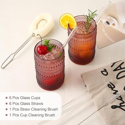 ZMOWIPDL Vintage Glassware Drinking Glasses Set of 6,15 oz Hobnail Glass Cups,Embossed Purple Water Tumbler,for Beer,Cocktail,Whiskey,Juice and Various Mixed Drinks- 1 Cleaning Brush thumbnail 5