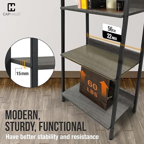 CAPHAUS 5 Tier Ladder Bookshelf, 24 Inch Width Free Standing Shelf, Bookcase Shelf Storage Rack Organizer, Industrial Book Shelves for Home Office, Living Room, Kitchen, Dark Grey, Vintage Shelves thumbnail 6