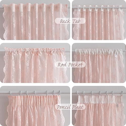 MEETSKY Pink Lace Curtains 63 Inch Length, Sheer Pink Curtain for Girls Room, Floral Vintage Light Filtering Short Curtains for Bedroom Princess Room, Lace Drapes 2 Panels, Each Panel 50W x 63L thumbnail 6
