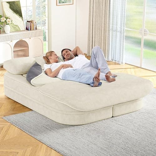 Antetek Convertible Sleeper Sofa, Modern Folding Futon Chenille Floor Foam Compression Loveseat Sofa Bed Couch, Foldable Full-Size Guest Bed with 4 Pillows for Living Room Bedroom Apartment, Beige thumbnail 7