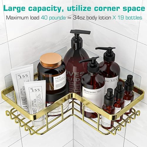YASONIC Corner Shower Caddy, 3-Pack Adhesive Bathroom Caddy with Soap Holder and 12 Hooks, Rustproof Stainless Steel Shower Organizer, No Drilling Wall Mounted Shower Rack, for Bathroom, Gold thumbnail 3