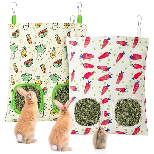 UPINS 2 Pack Guinea Pig Hay Feeder,Rabbit Hay Bag Hanging Hay Holder for Guinea Pig Cage Hay Feeder for Bunny Rabbits Chinchillas Hamsters Small Pets and Animals - Image 1